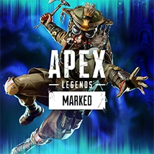 Bloodhound jumps in front of the Apex Legends logo with a Marked banner on a glowing blue background.
