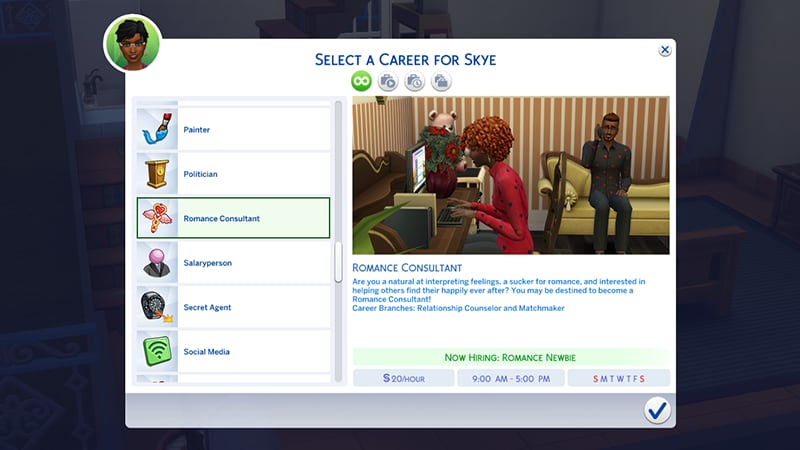 A menu for choosing a career in The Sims highlights the Romance Consultant career showing the hourly rate, and working times.