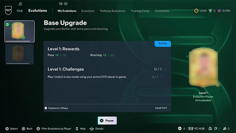 EA SPORTS FC Evolutions screen showing an active Base Upgrade Evolution with Level 1 rewards and challenges.
