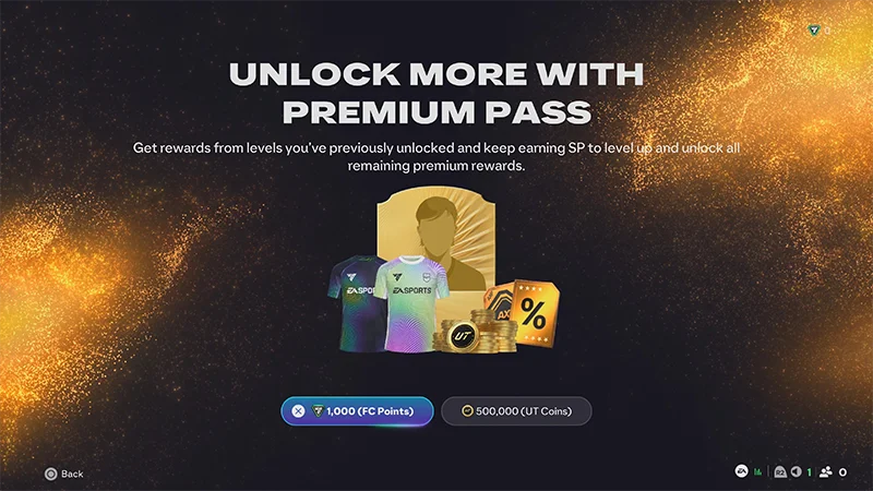 Promotional screen for Premium Pass rewards featuring football kits, coins, and EA SPORTS FC™ Points purchase options.