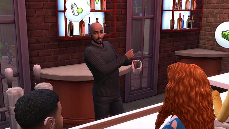 A Sim, wearing all black, stands behind a bar smiling as he prepares a cocktail using a stirrer and shaker.