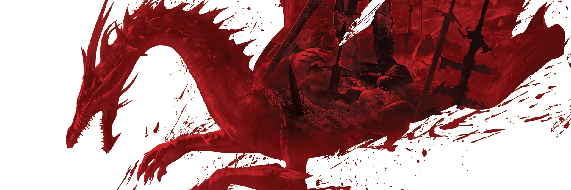 A red dragon silhouette filled with a battle scene appears on a white background.