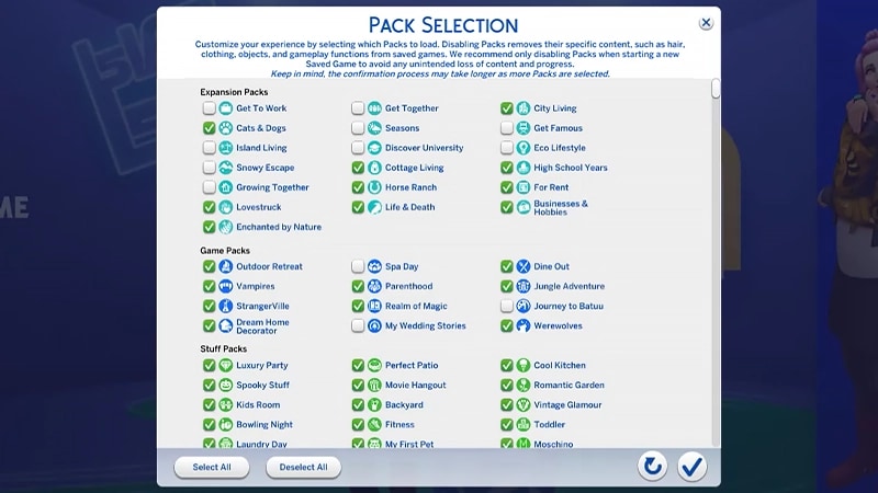 A menu showing the Pack Selection options. Here all Packs are listed with a checkbox to show which are loaded into the game.