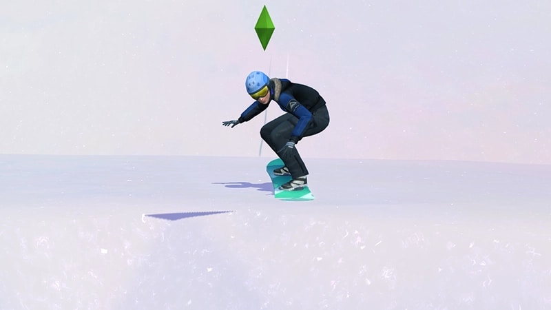 A Sim wearing a black and blue snowsuit with a helmet stands on top of a turquoise snowboard, speeding down a hill.