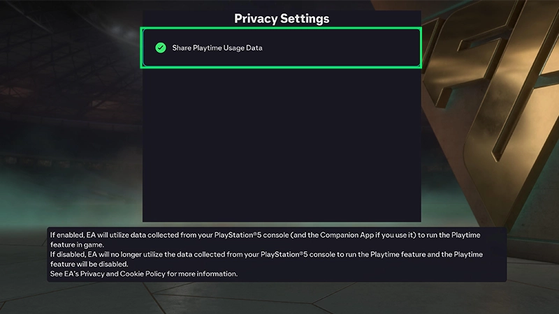 The Share Playtime Usage Data highlighted under Privacy Settings