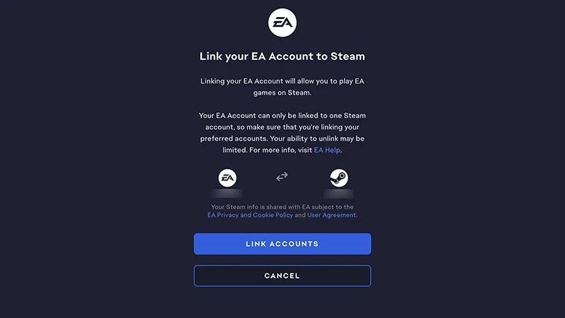 Steam EA Account linking page.