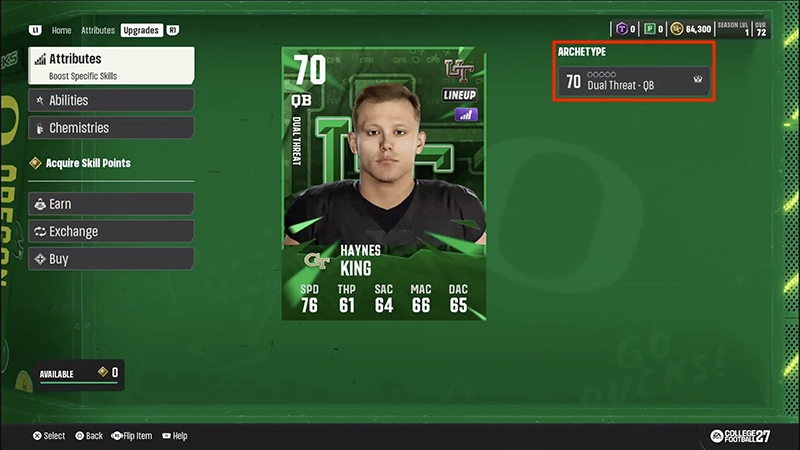 Upgrades menu with Haynes King's player card showing the Dual Threat QuarterBack Archetype.