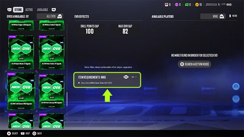 Evo Store with a green arrow highlighting the selected Evos player requirements showing a Core MIKE under 82 OVR.