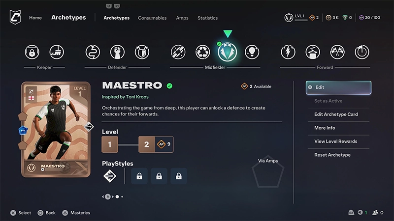 Maestro Midfielder Archetype screen showing level, PlayStyles, and options to edit or view more info.