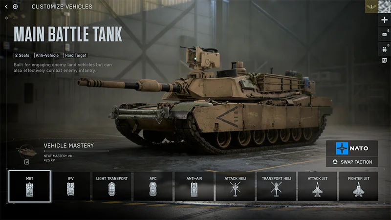The Main Battle Tank in the Vehicles menu in Battlefield 6.