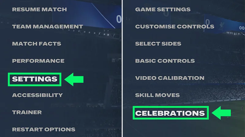 EA SPORTS FC pause menus highlighting Settings and Celebrations.
