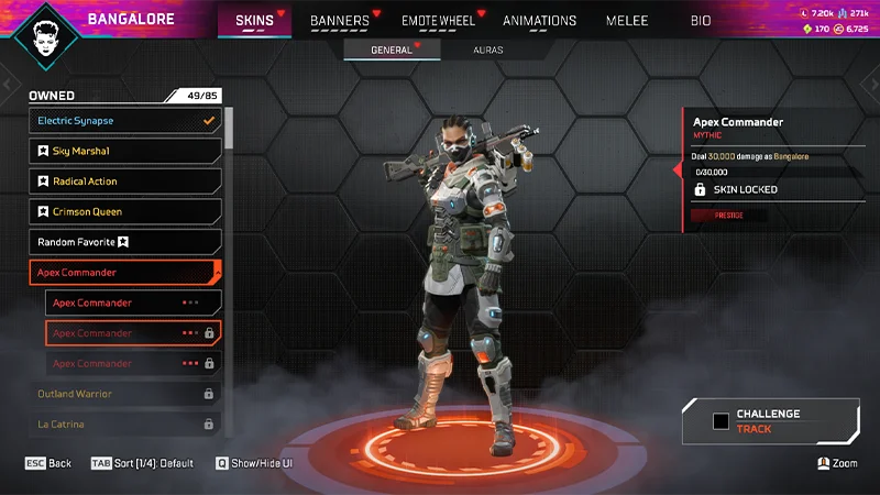 In the Skins menu, Bangalore is equipped with the Army Commander Mythic Prestige skin.