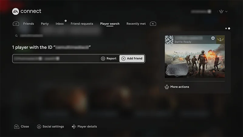 Écran EA Connect montrant l'onglet Recherche de joueur.