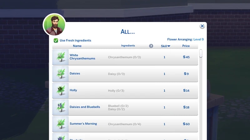 Grafika z menu układania kompozycji kwiatowych w The Sims 4 pokazująca kwiaty potrzebne do tworzenia konkretnych bukietów.
