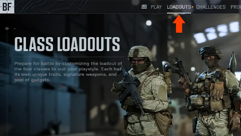 Tab Loadout di Battlefield 6 memiliki titik di sebelahnya. Panah merah mengarah ke tab Loadout.