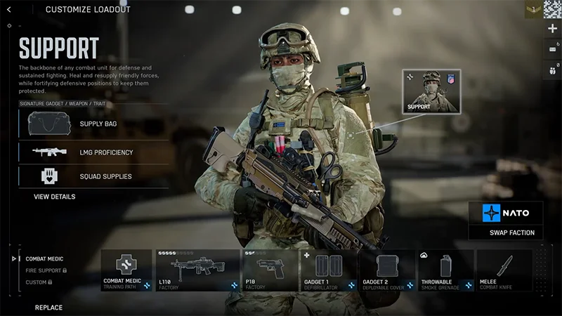 La classe Supporto è selezionata nel menu Attrezzature. La schermata mostra gadget, arma e tratto distintivi.