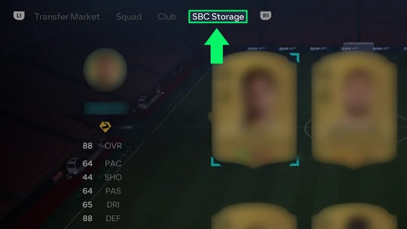 La pestaña Almacenamiento de DCP se muestra resaltada en el juego con una flecha verde.