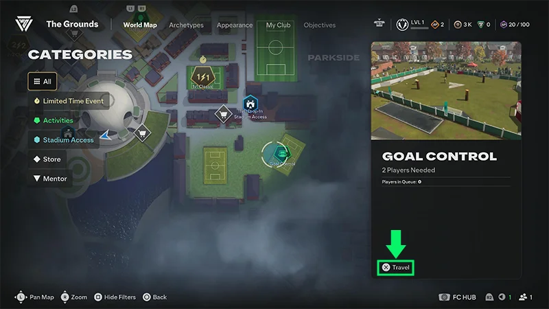 World Map showing a Street Football location with the Travel option highlighted.