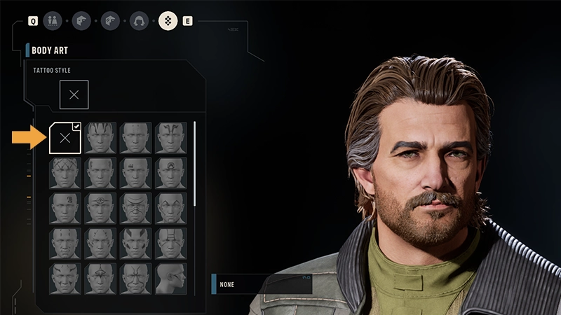 Hawks is being customized in-game. Under the Body Art menu, no tattoo style is selected.