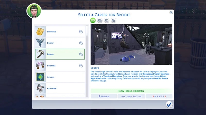 A menu for choosing a career in The Sims 4 highlights the Reaper career showing the hourly rate, and working days/times.