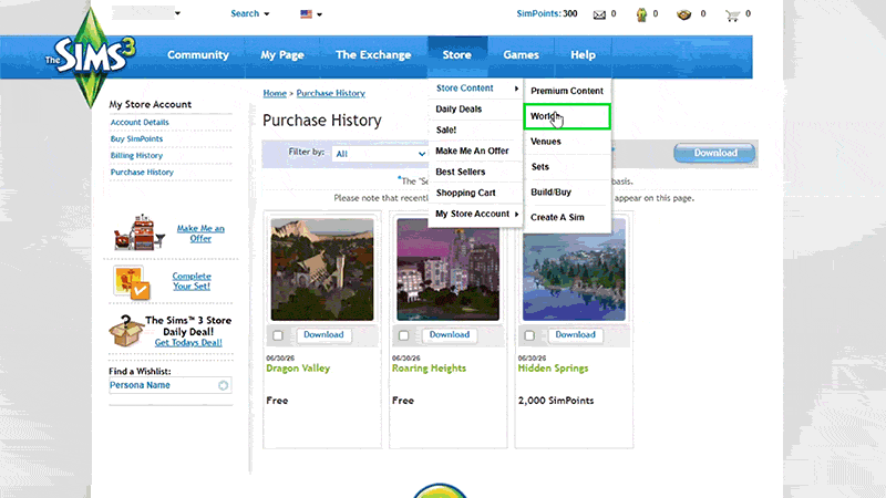 On The Sims 3 Store website, the mouse points to Store, selects Store Content from a drop-down menu, and then selects Worlds.
