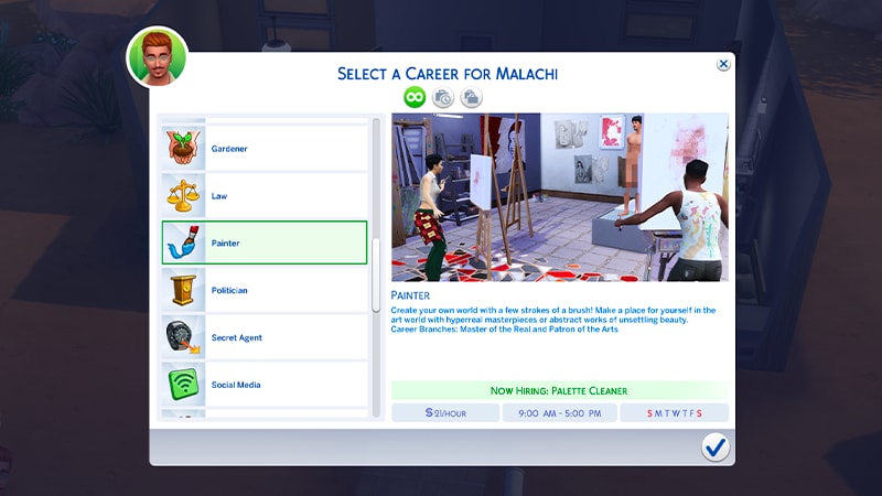 A menu for choosing a career in highlights the Painter career showing the hourly rate, and working days/times.