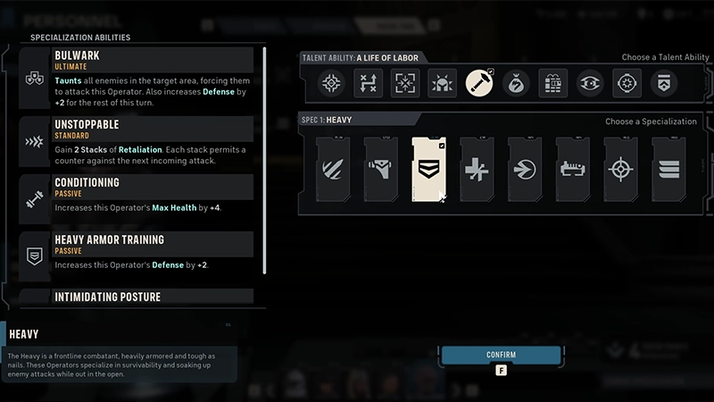 Heavy is selected under Choose a Specialization. Its Specialization Abilities are listed on the left.