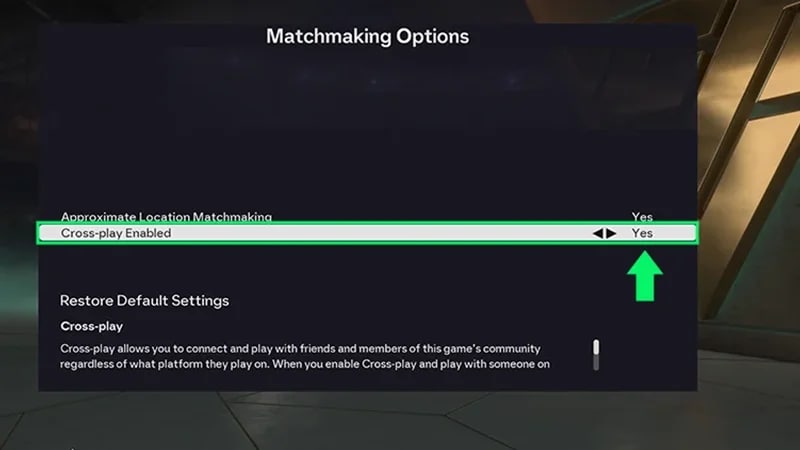 The Matchmaking Options screen highlighting that cross-play is enabled.