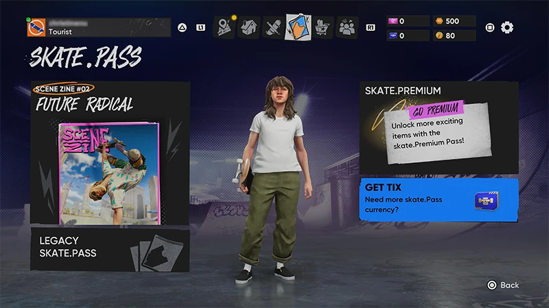 Una captura de pantalla en el juego muestra a un skater junto a una ventana emergente sobre Tix y el Pase de Skate.