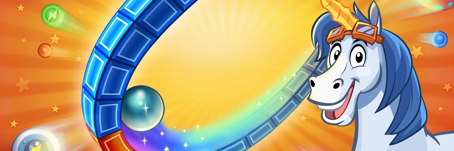 A smiling unicorn beside a silver ball and curved rows of colorful pegs against a bright orange background.