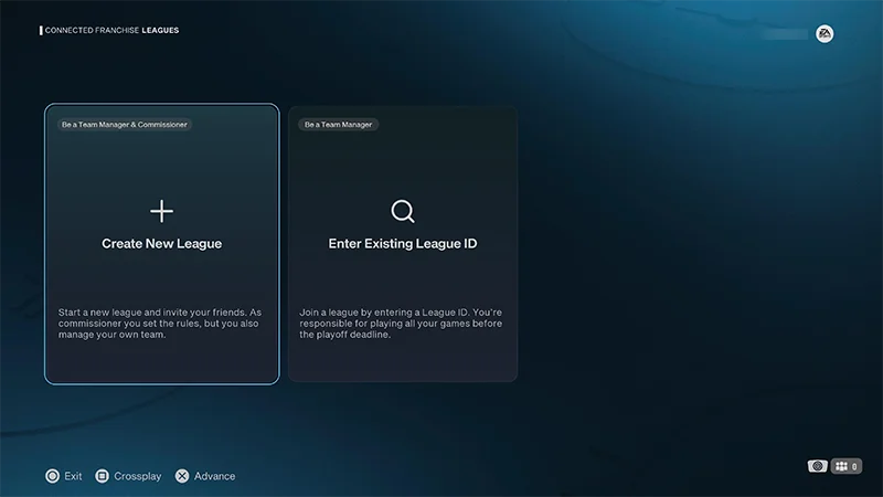 Connected Franchise League screen with the option to Create New League or Enter Existing League ID